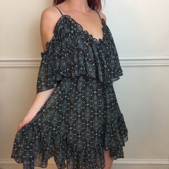 MISA Black Floral Cold Shoulder Ruffle Mini Dress - Picture 6 of 8